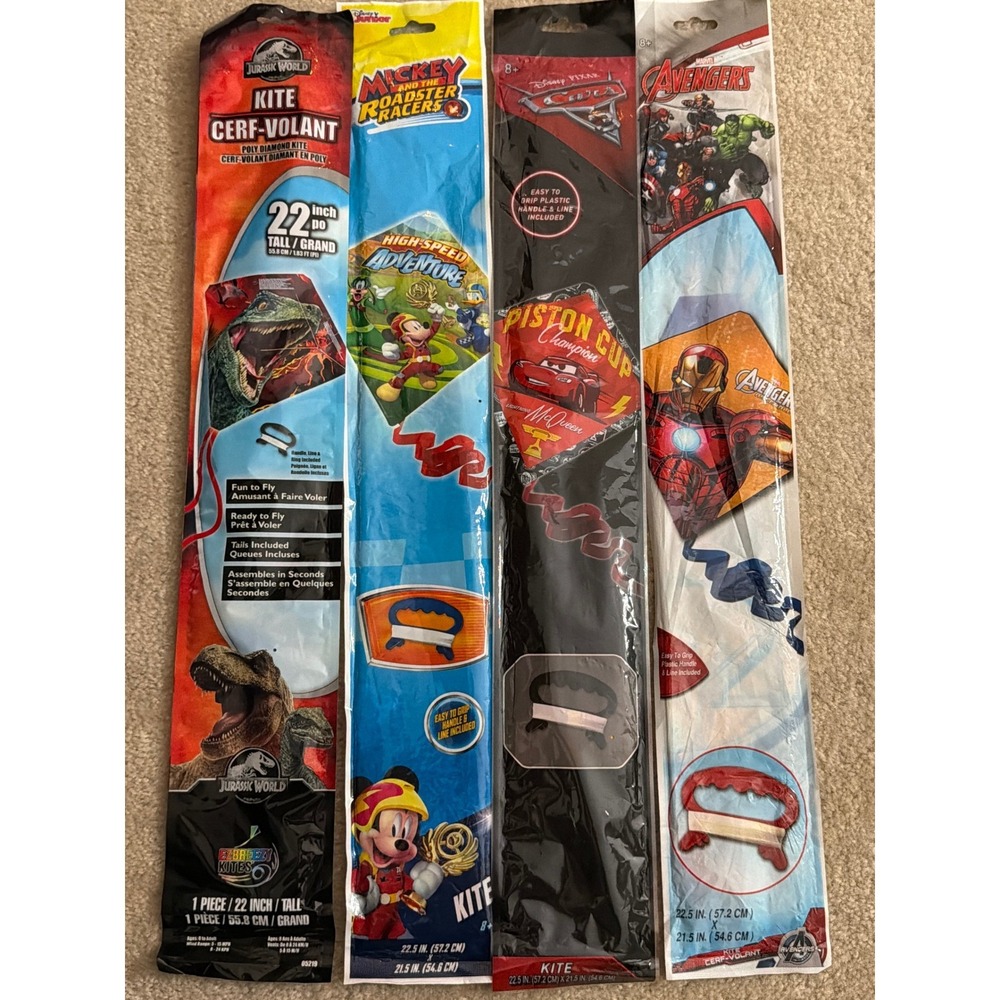 Lot‎ of 4 Kids Kites Jurassic World Mickey Cars Avengers Diamond Kites New